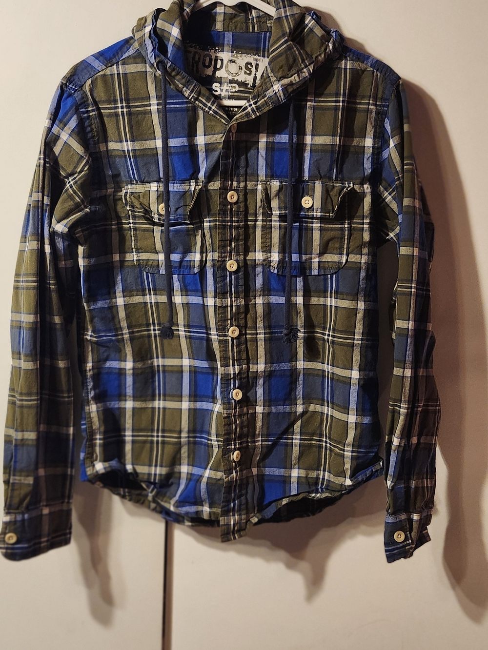 Y2K Retro Plaid Hooded Button-Up Shirt - Blue & Olive.